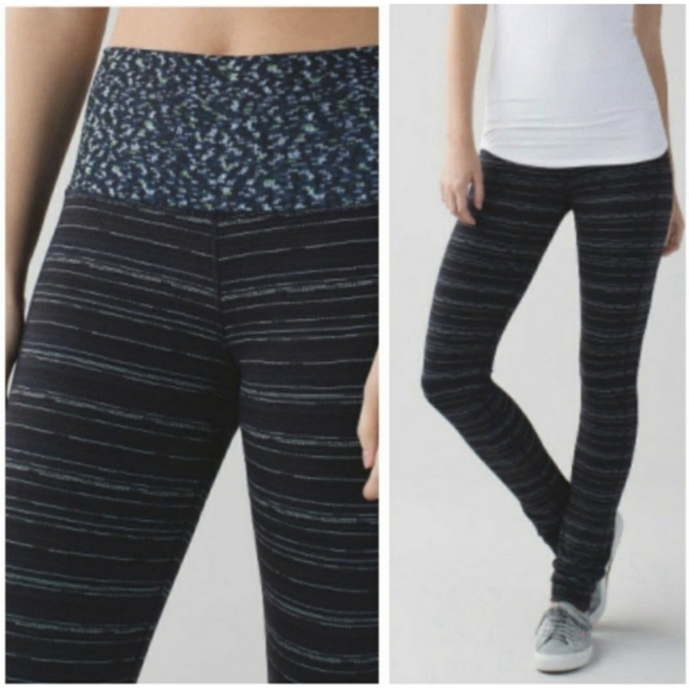 Lululemon Lulu‎ Sz 4 Skinny Groove Pants Leggings Roll down Striped Navy Black
